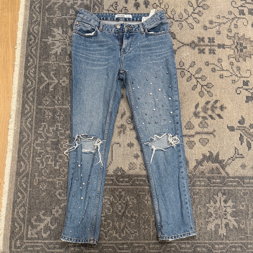 Zara Blue Straight Leg Jeans with Pearls and Distressed Details